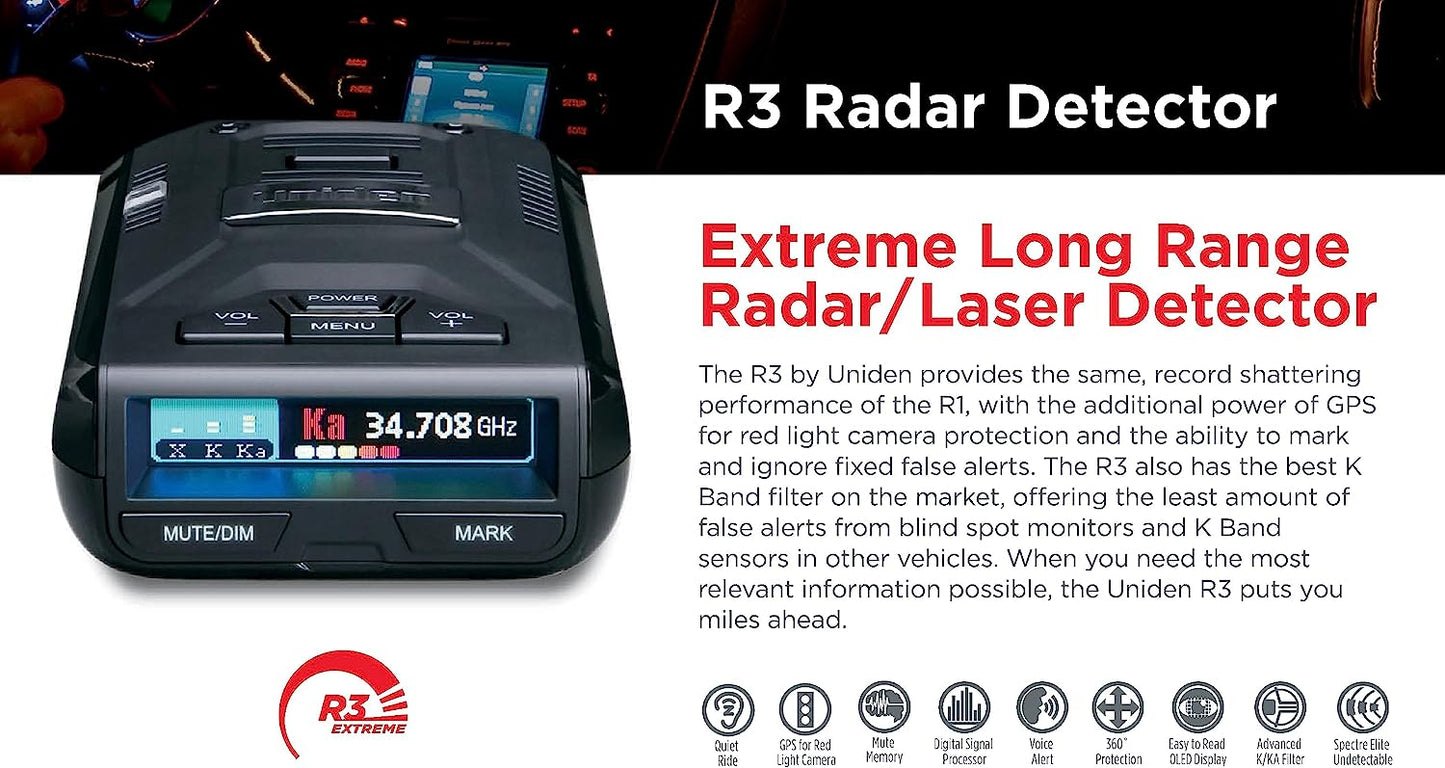 Uniden R3 radar detector front view with feature icons and product description text displayed to the right