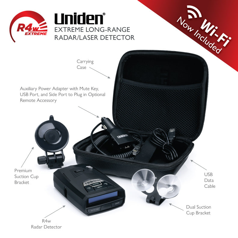 Uniden R4w with accessories arranged neatly inside the included carrying case