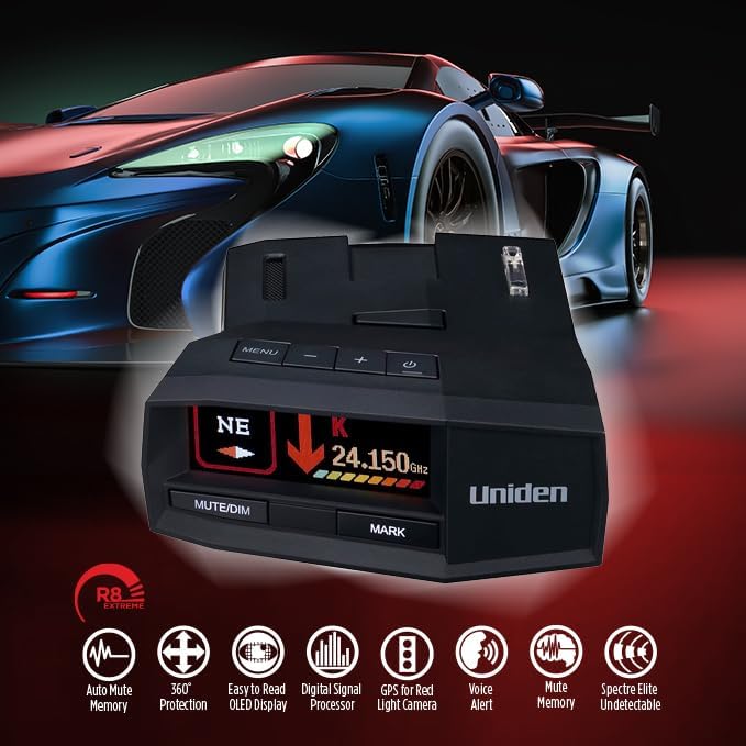 Uniden R8 radar detector top front view with screen on, feature icons below, and sports car in the background