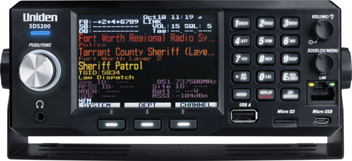 2 true IQ and trade trunktracker x base Uniden SDS200 police scanner front closeup showing bright display screen illuminated