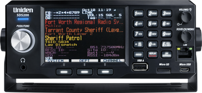 2 true IQ and trade trunktracker x base Uniden SDS200 police scanner front closeup showing bright display screen illuminated