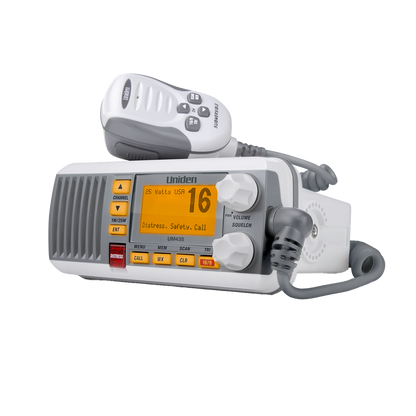 A Uniden marine radio with a digital display and control buttons, in white and grey colors.