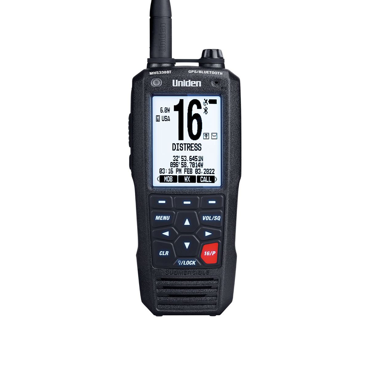 Front view of Uniden MHS338BT handheld marine radio with screen illuminated