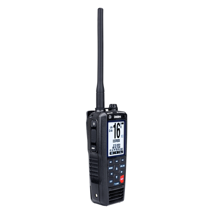 Left angled front view of Uniden MHS338BT handheld marine radio with screen illuminated white screen