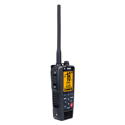 Left angled front view of Uniden MHS338BT handheld marine radio with screen illuminated in light yellow