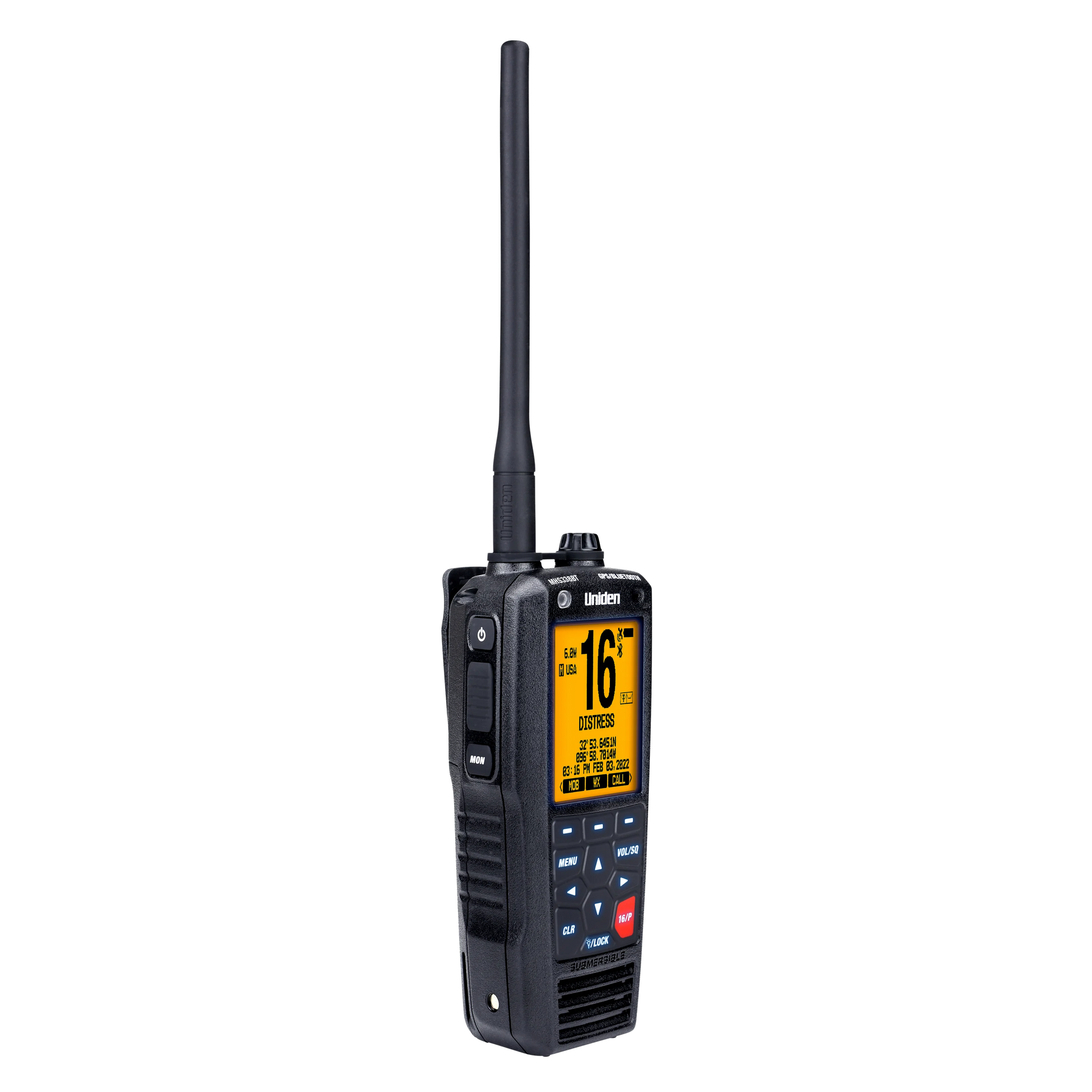 Left angled front view of Uniden MHS338BT handheld marine radio with screen illuminated in light yellow
