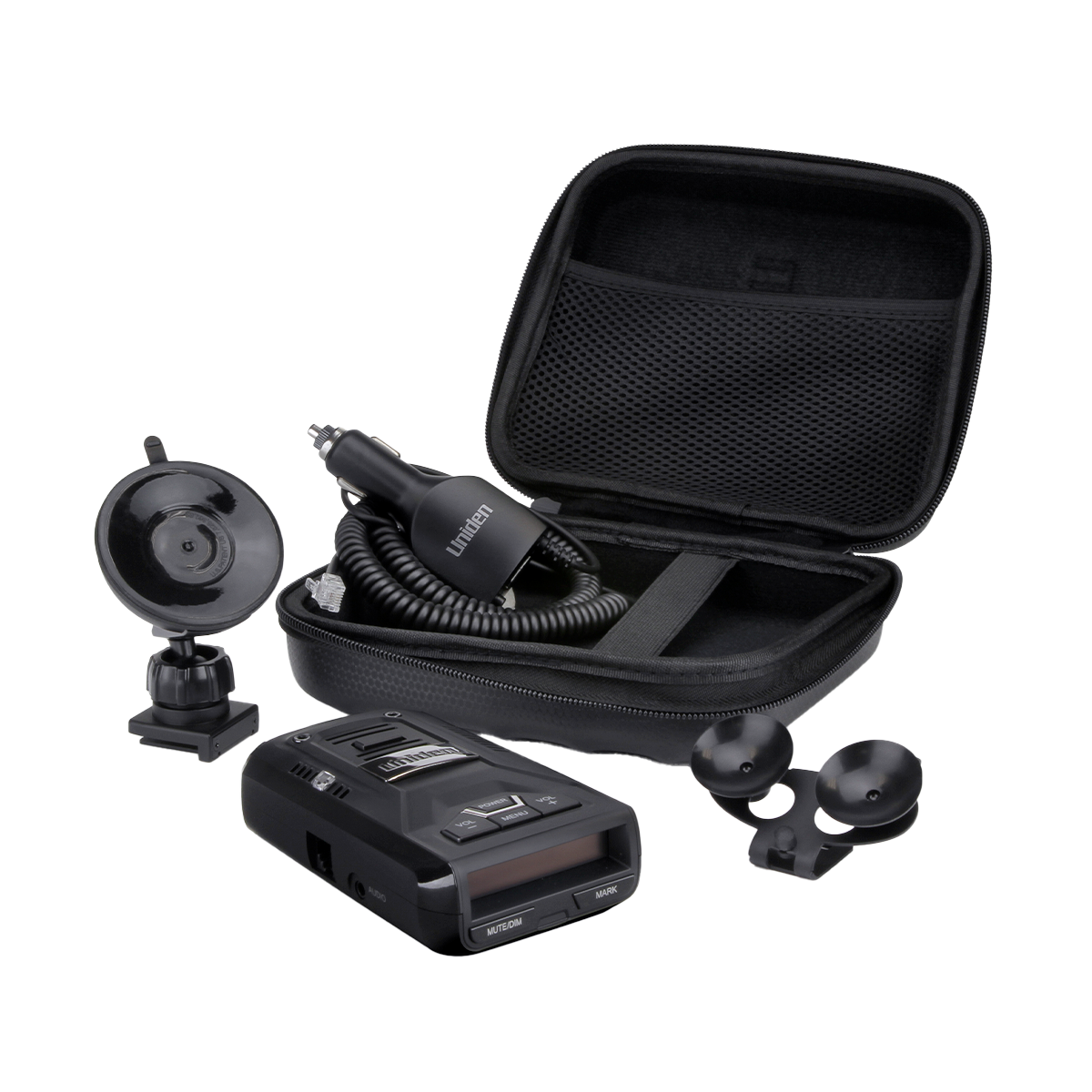 Uniden R3 radar detector with carrying case, dual and single suction mounts, and 12V power cord