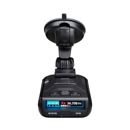 Uniden R3 radar detector front top view with screen on and single suction cup mount attached