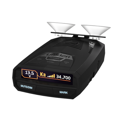 Uniden R4w left-tilted front view with screen active and regular suction cup