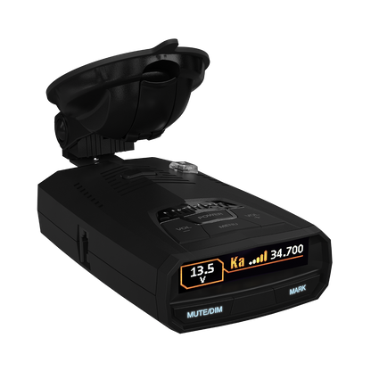 Uniden R4w right-tilted front view with screen on and premium suction cup