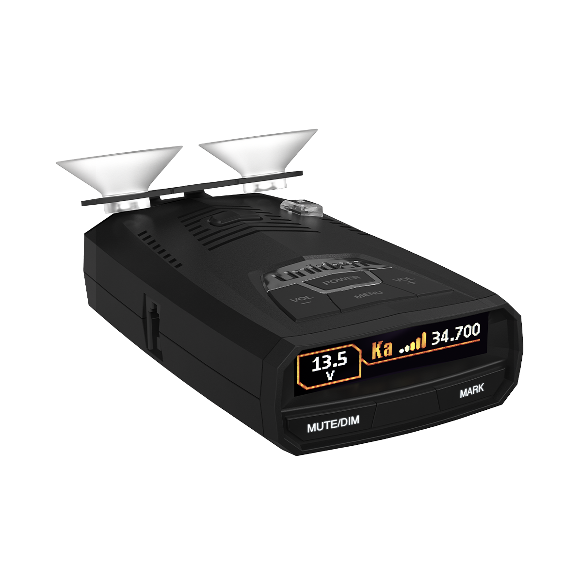 Uniden R4w right-tilted front view with screen active and regular suction cup