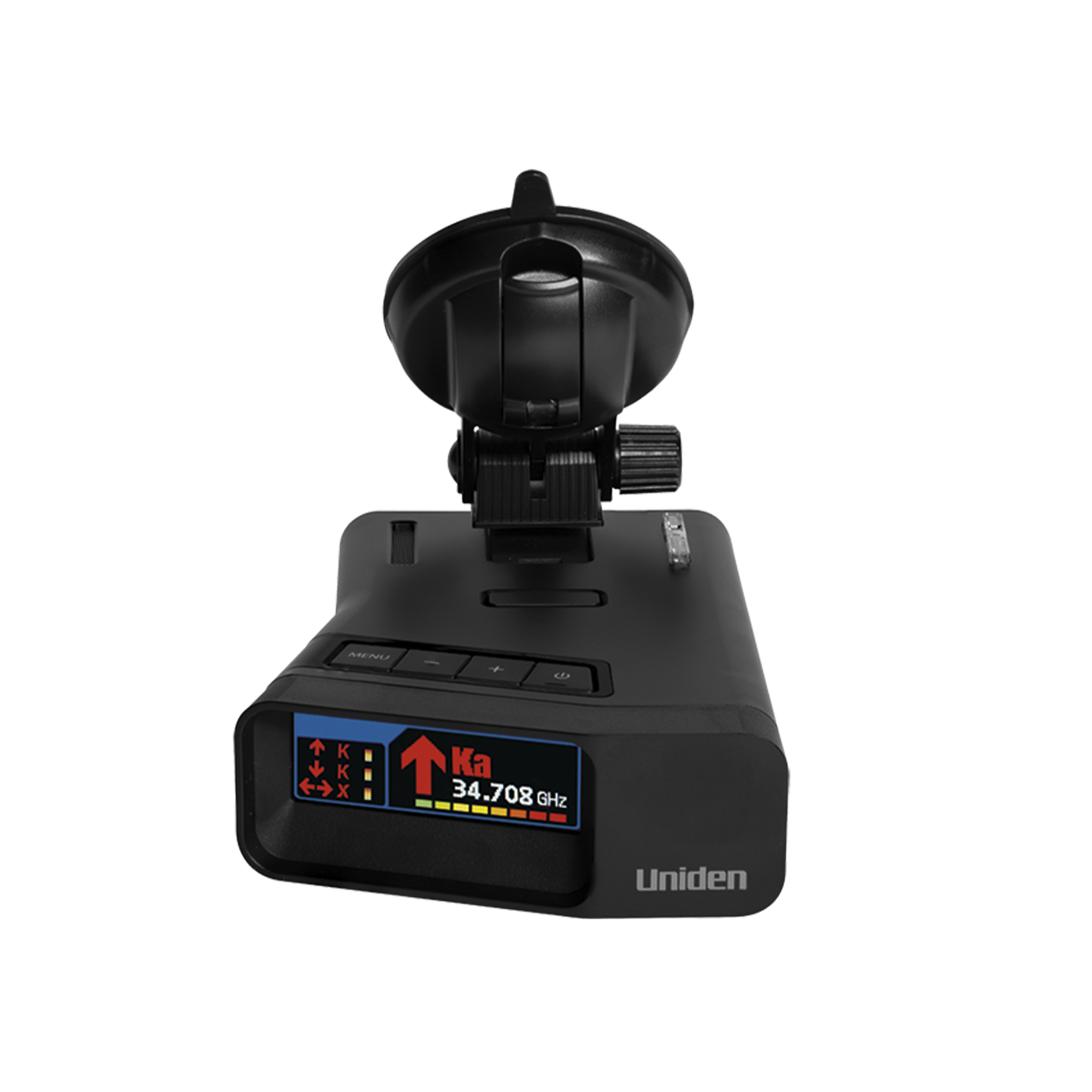 Uniden R7 radar detector top front view with screen on premium cup mount