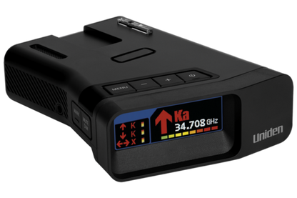 5 extreme long range radar detector with gps threat detection  Uniden R7 radar detectors  left front facing Screen On