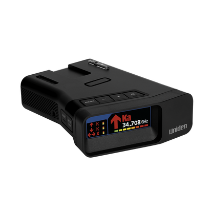 Uniden R7 radar detector shown from front right angle with screen on