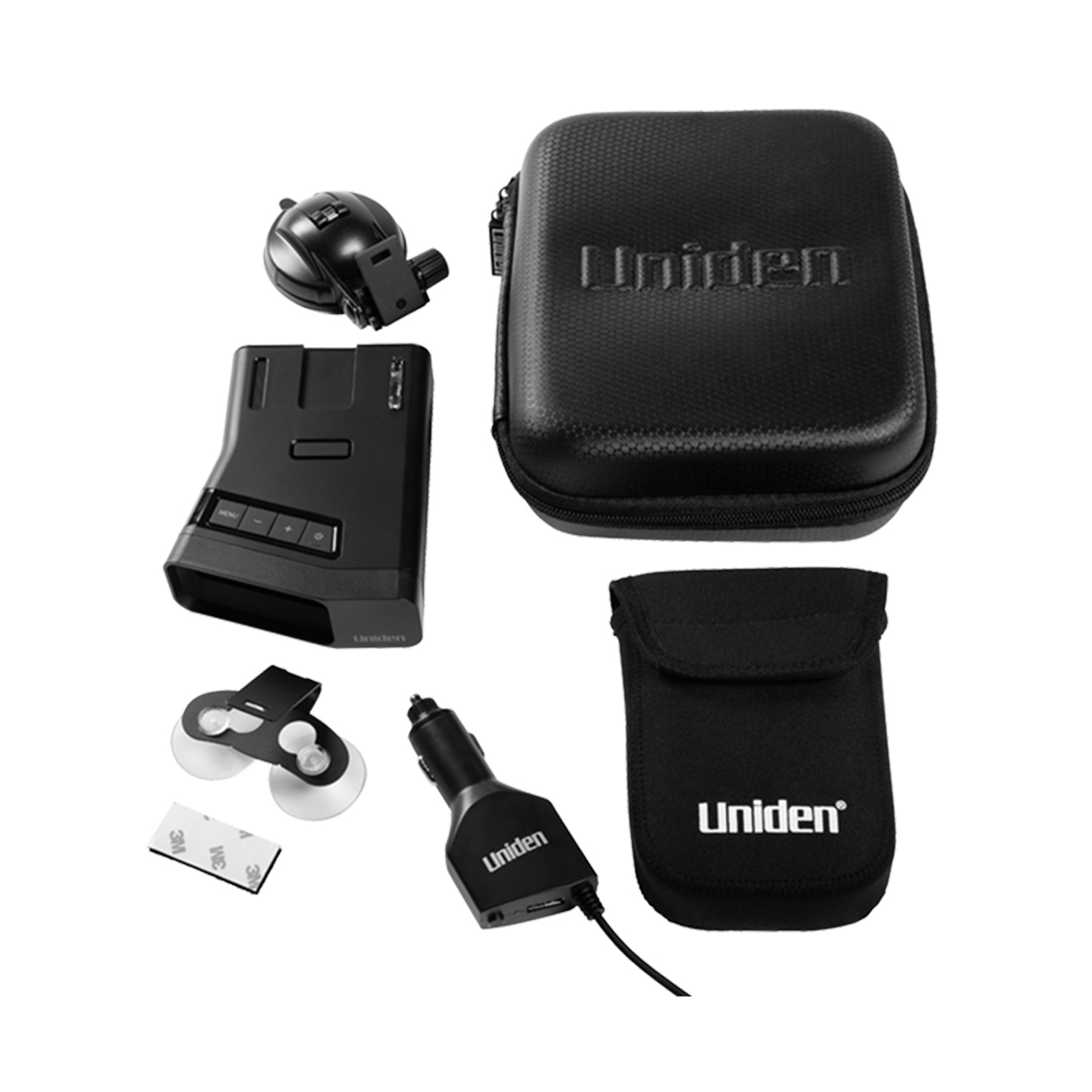 Uniden R7 radar detector in box contents shown from top view