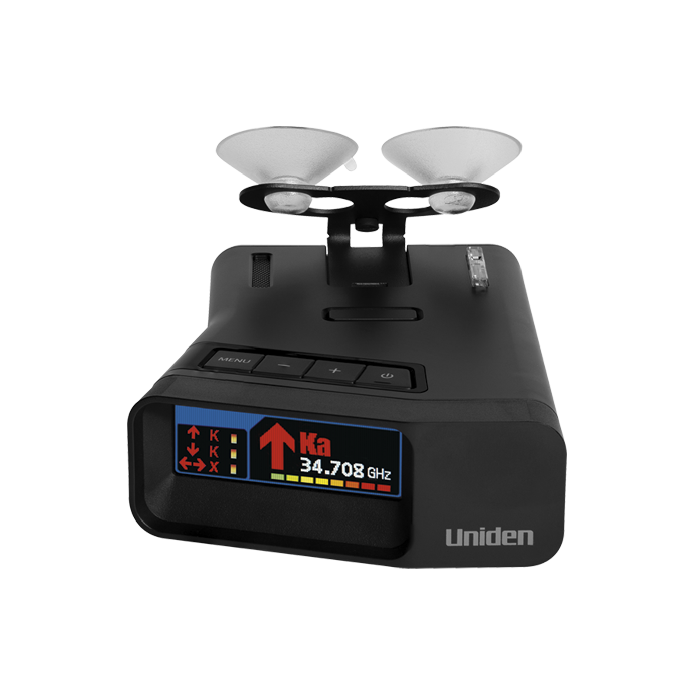 Uniden R7 radar detector top front view with screen on and dual cup mount
