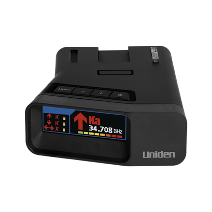 Uniden R7 radar detector top front view with screen on display