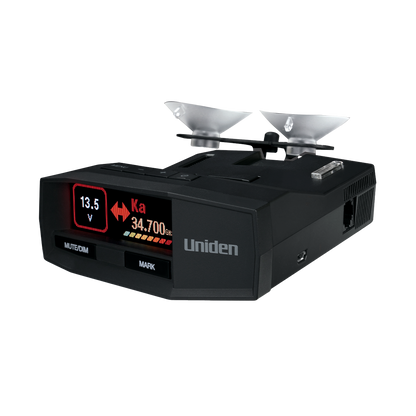 Uniden R8 radar detector front left angled view with screen on and dual suction cup mount attached