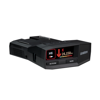 Uniden R8 radar detector front right angled view with screen turned on showing active display
