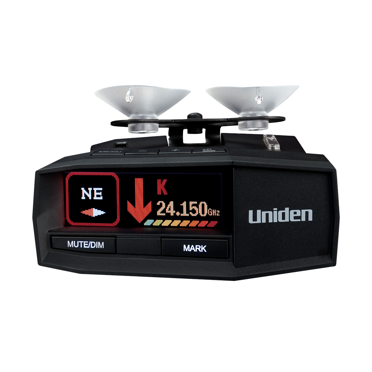 Uniden R8 radar detector front zoomed view with screen on and dual suction cup mount attached