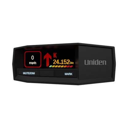 Uniden R8W radar detector front close-up view with screen on and no background