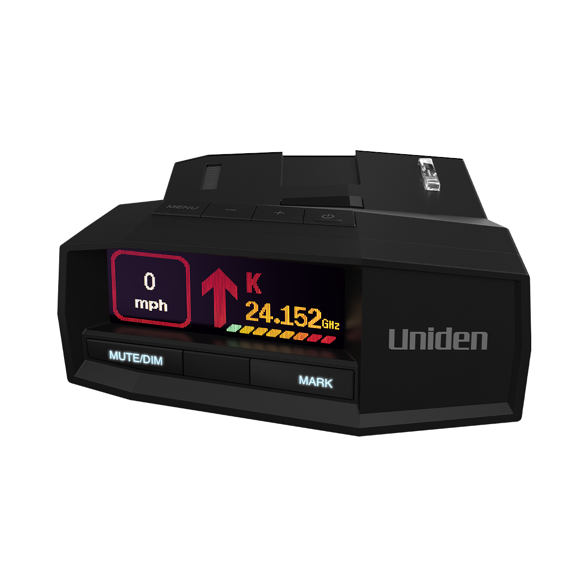 Uniden R8W radar detector, front view with screen on, isolated