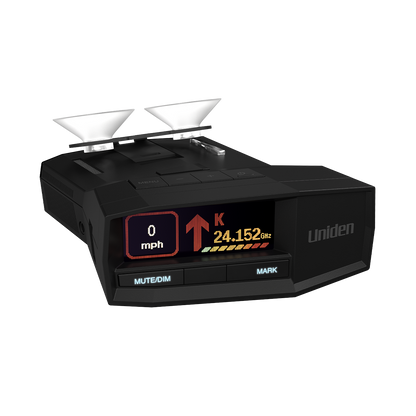 Uniden R8W radar detector top front right angle with dual suction cups and screen on