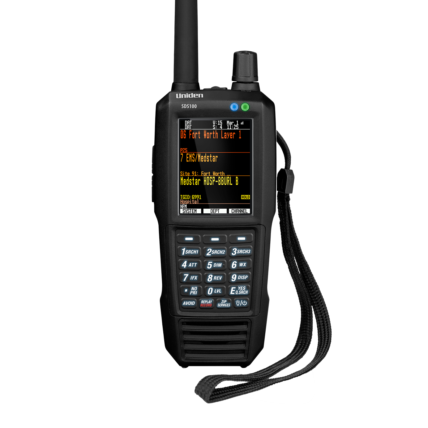 Uniden SDS100 police scanner front view with screen on and attached hand strap
