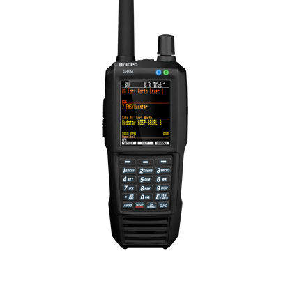 Uniden SDS100 handheld police scanner front view with bright display