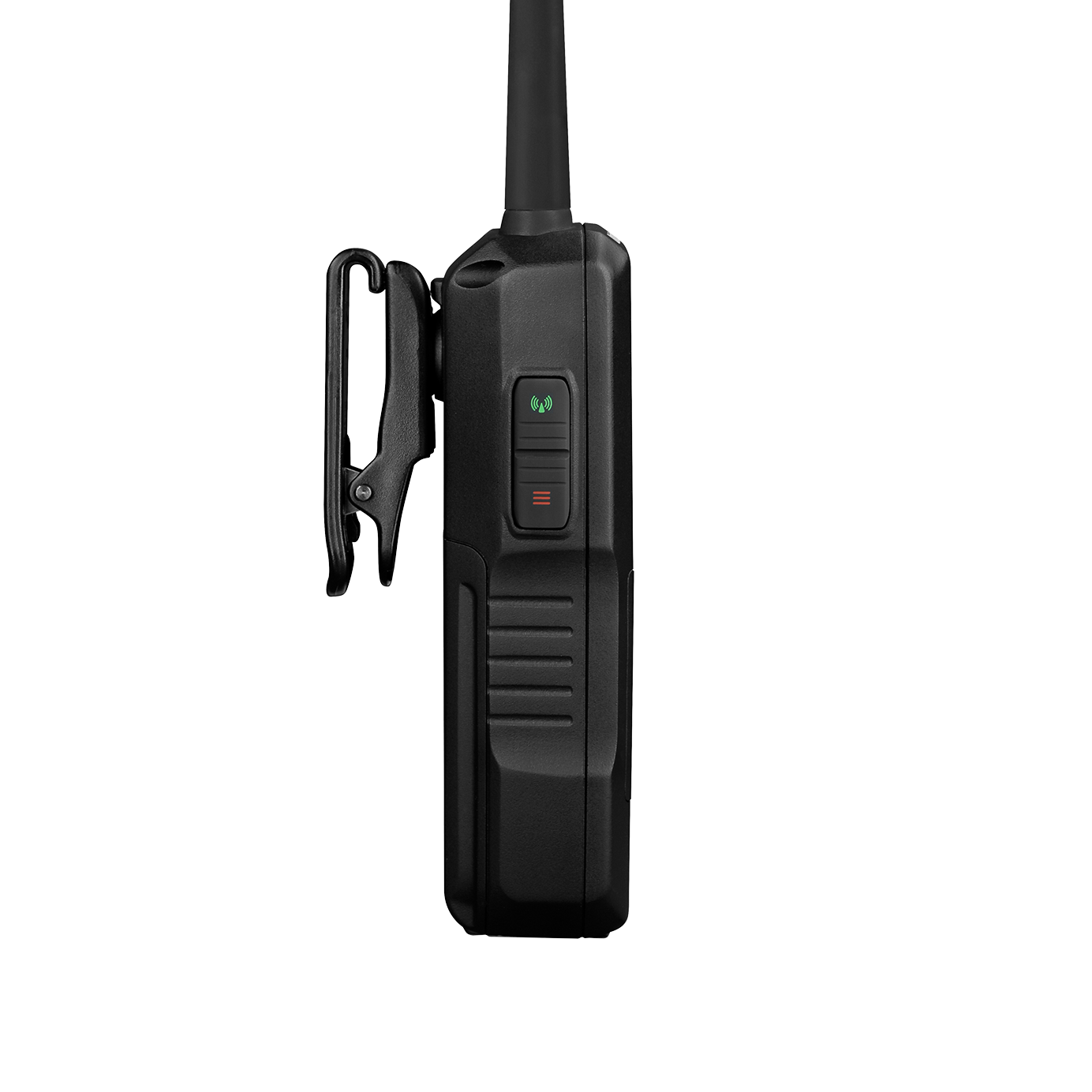Uniden SDS100 police scanner right side view showing belt clip attached