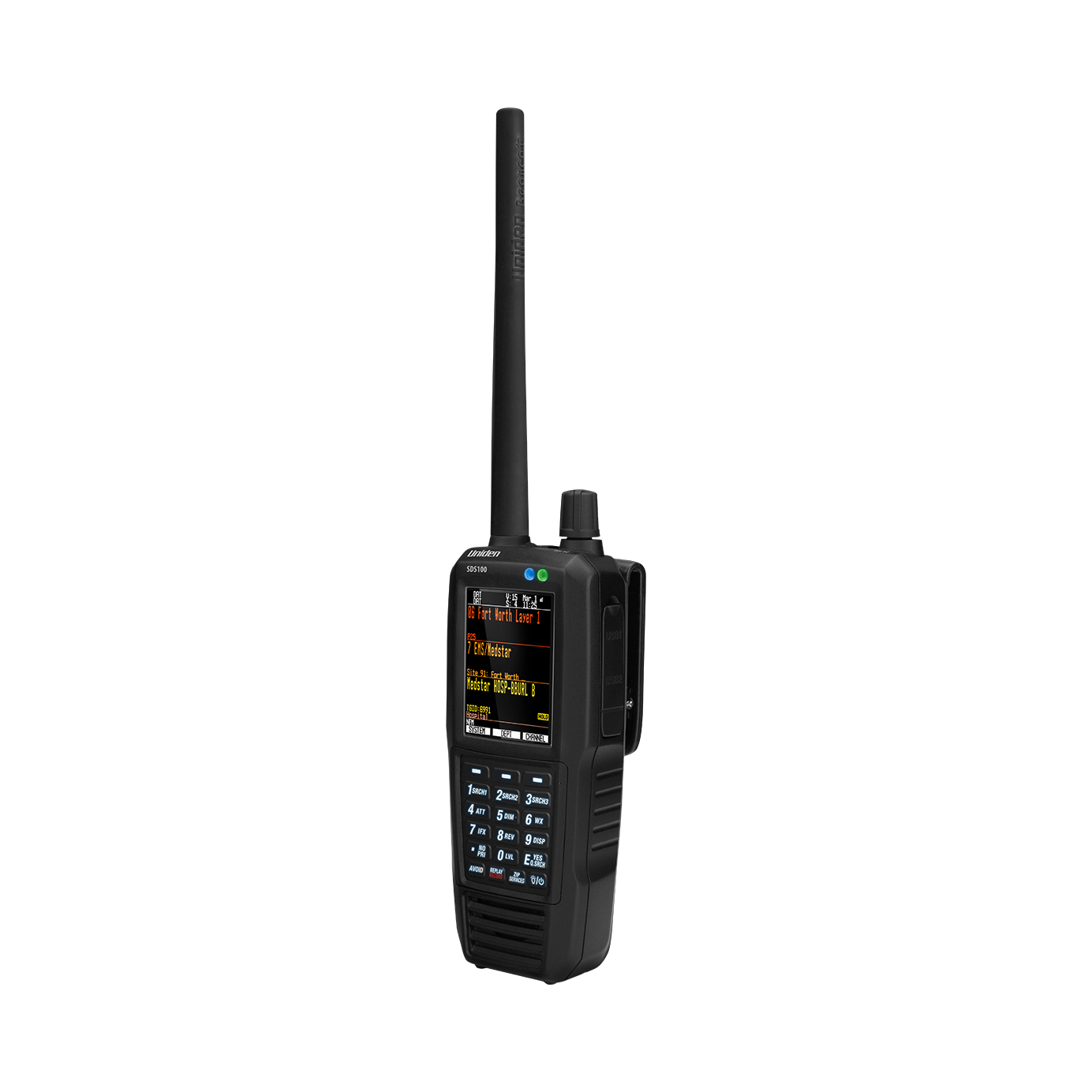 Uniden SDS100 police scanner wide right front view with screen on