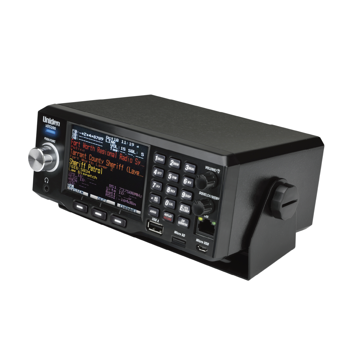 Uniden SDS200 scanner at front top left angle showing tilted display screen illuminated