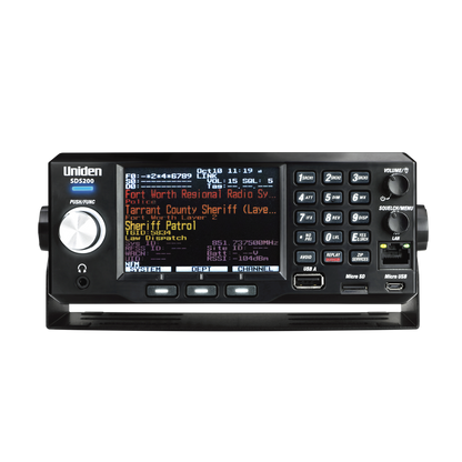 Uniden SDS200 police scanner showing bright front-facing display screen illuminated