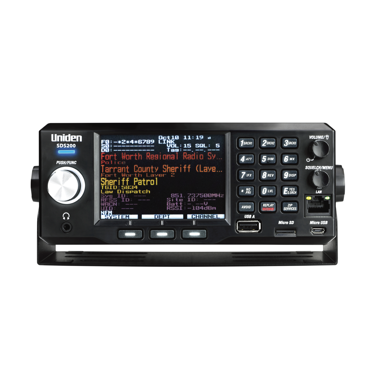 Uniden SDS200 police scanner showing bright front-facing display screen illuminated