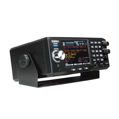 Uniden SDS200 police scanner showing front right tilted display screen illuminated