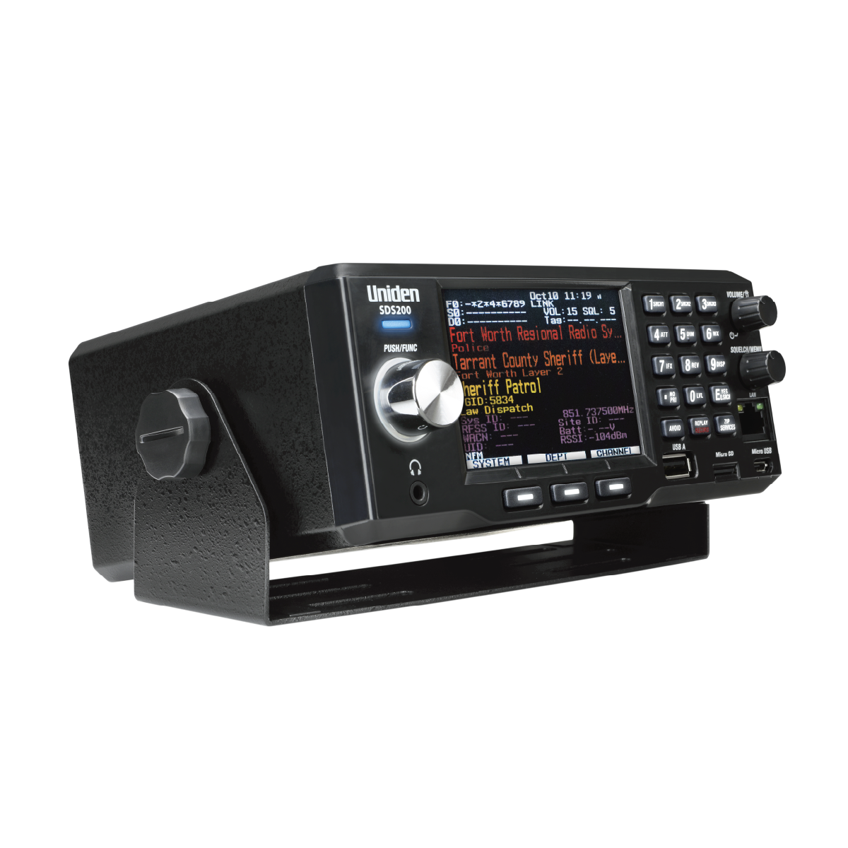 Uniden SDS200 police scanner showing front right tilted display screen illuminated