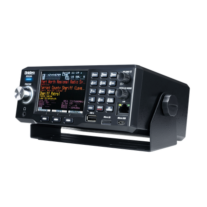Uniden SDS200 police scanner with tilted left display screen on